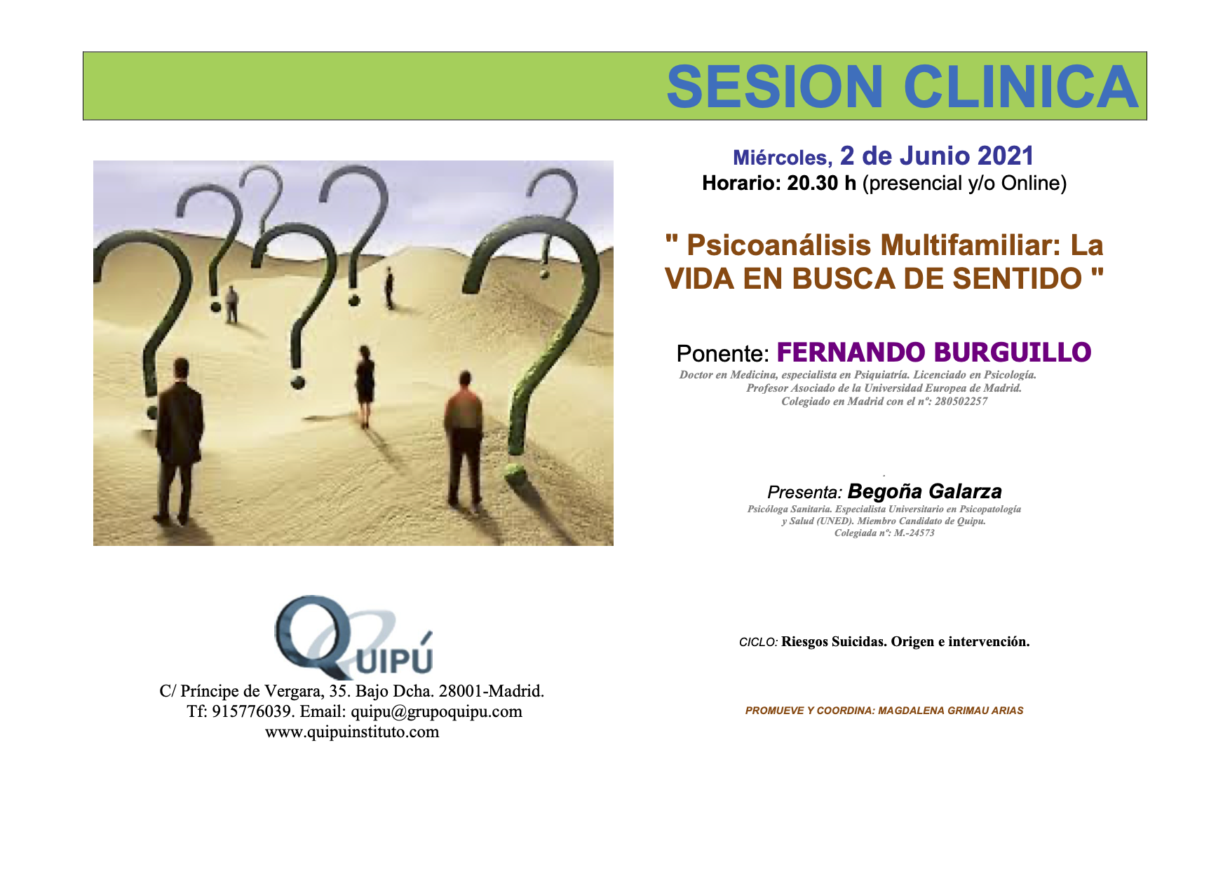 cartel sesión clínica formación psicólogos Quipú instituto