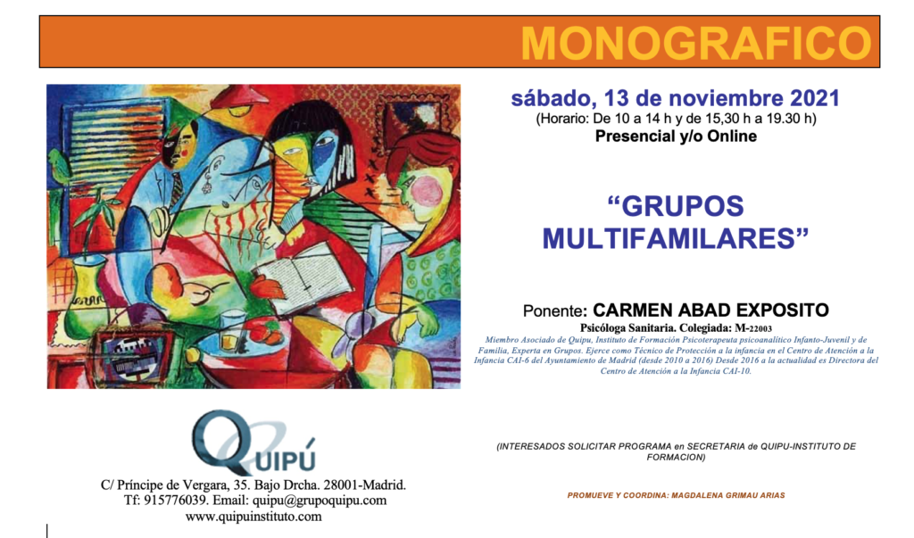 cartel curso monográfico grupos multifamiliares Quipú psicólogos