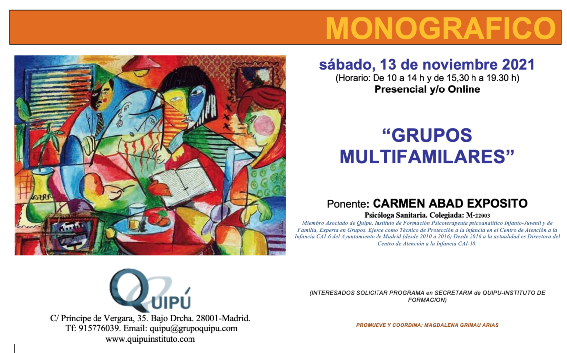 cartel curso monográfico grupos multifamiliares Quipú psicólogos