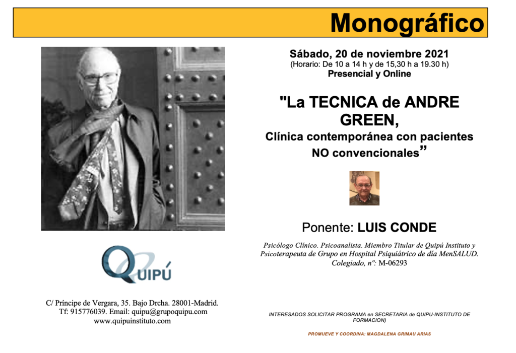 cartel curso monográfico técnica de Andre Green Quipú psicólogos