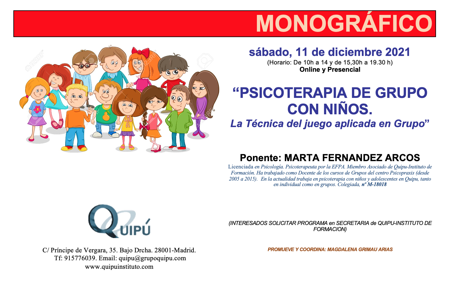 cartel monográfico psicoterapia de grupo con niños y niñas Quipú psicólogos