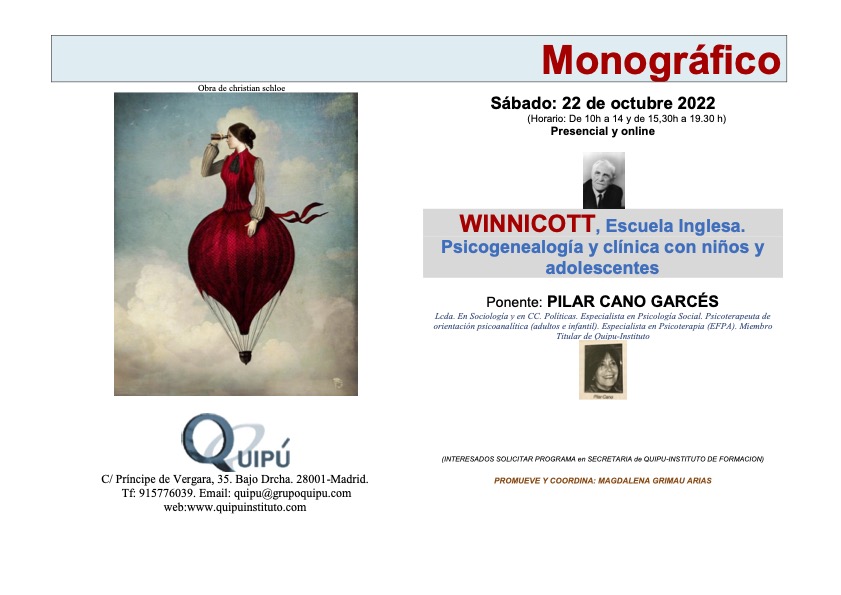 Cartel clase Monográfica de Quipú Instituto Psicólogos en Madrid. Winnicott, escuela inglesa. Psicogenealogía y clínica con niños y adolescentes