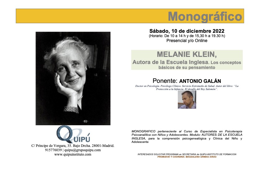 Cartel clase monográfica Quipú Instituto Psicólogos en Madrid: Melanie Klein escuela inglesa.