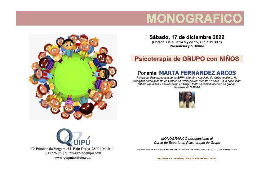 Psicoterapia de grupo con niños y niñas. Cartel Monográfico Quipú Instituto psicólogos Madrid. 