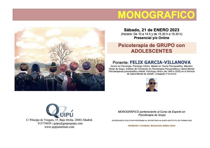 Psicoterapia de grupo con adolescentes. Cartel Monográfico Quipú Instituto psicólogos Madrid.