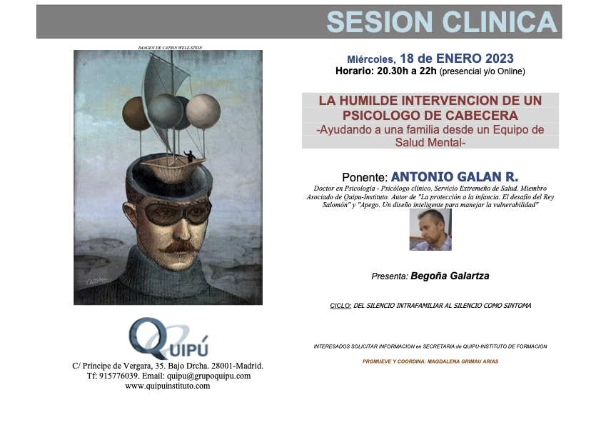 Cartel de sesión clínica Quipú psicólogos: La humilde intervención de un psicólogo de cabecera