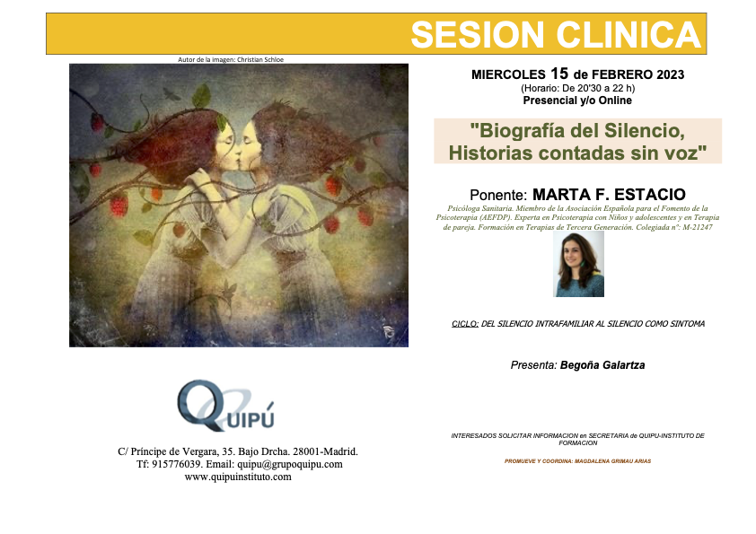 Cartel de sesión clínica Quipú psicólogos: Biografía del silencio, historias contadas sin voz
