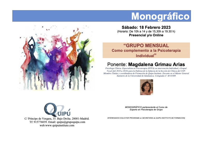 Cartel Curso monográfico formación Grupo Mensual de Quipú Psicólogos Madrid. Clase presencial y online