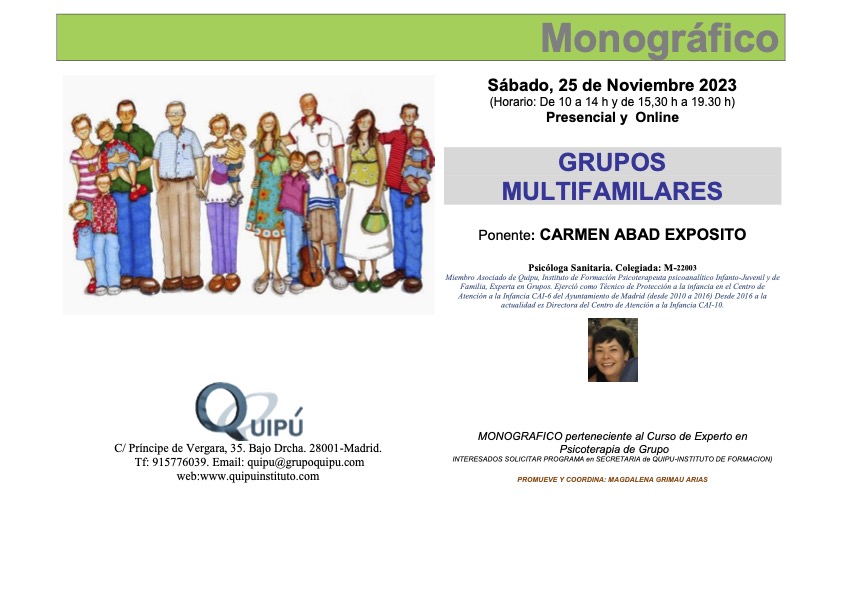 Grupos Multifamiliares. Cartel monográfico de Quipú Instituto de formación psicólogos Madrid. Presencial y online.