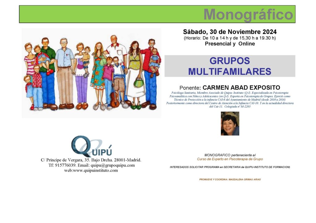 Grupos Multifamiliares. Cartel monográfico de Quipú Instituto de formación psicólogos Madrid. Presencial y online.