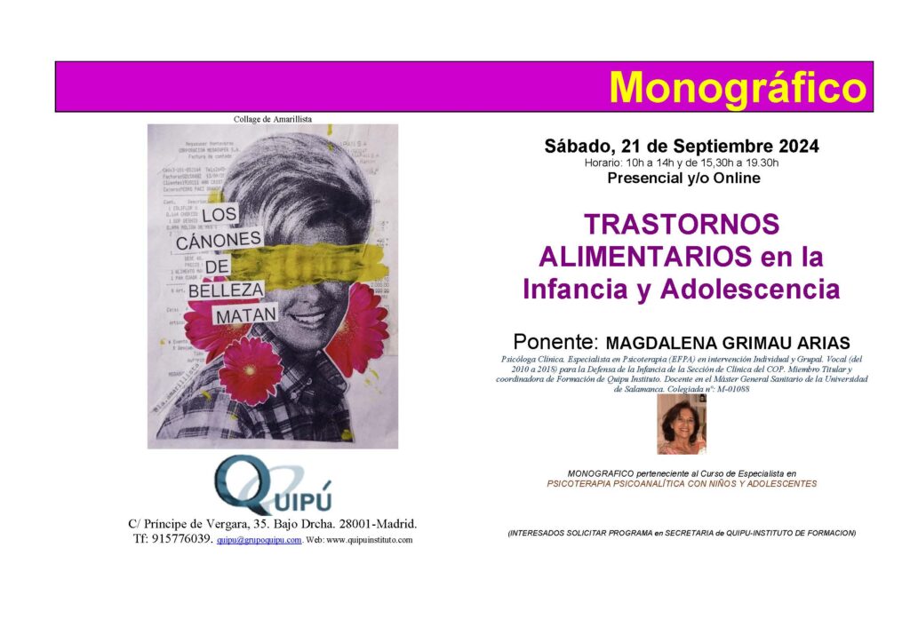 Trastornos alimentarios en la infancia y en la adolescencia. Cartel clase monográfica. Curso experto psicología infantil. Quipú Instituto Madrid.