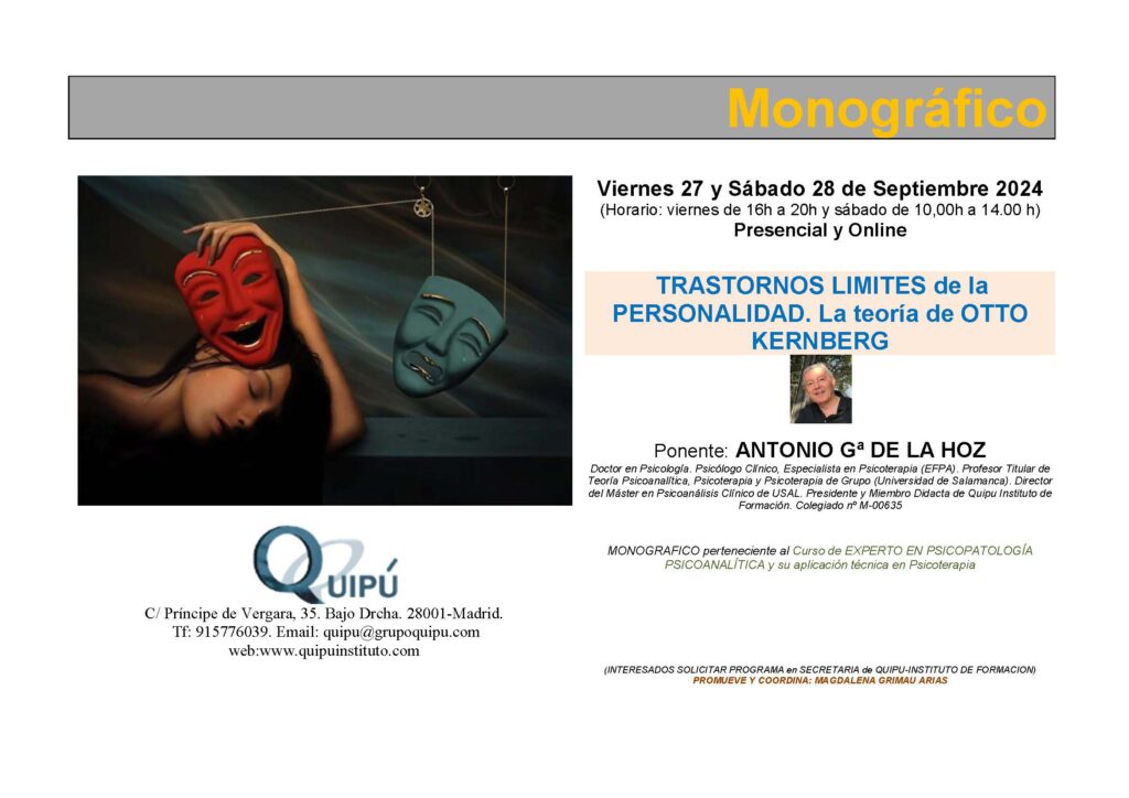 Trastornos límites de la personalidad. Cartel clase monográfica. Curso experto psicología infantil. Quipú Instituto Madrid.
